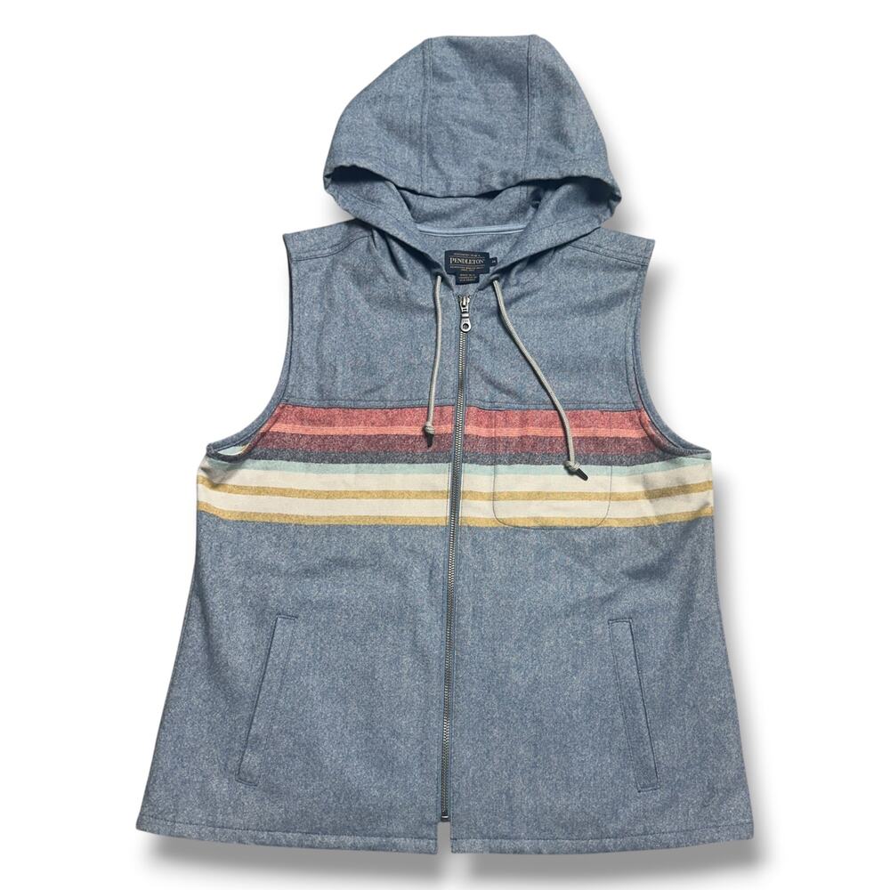 Pendleton 100% Wool Hooded Zip Vest Serape Blanket Stripe Western Sz M